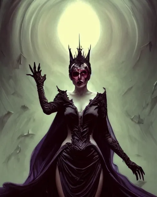 Image similar to full body portrait of an evil queen, dark magic, beautiful face, attractive young woman,heroic pose, full body, dramatic lighting, dark and horror, dust and blood, intricate, wild, highly detailed, digital painting, artstation, concept art, smooth, sharp focus, illustration, art by artgerm and greg rutkowski and alphonse mucha, footage from space camera