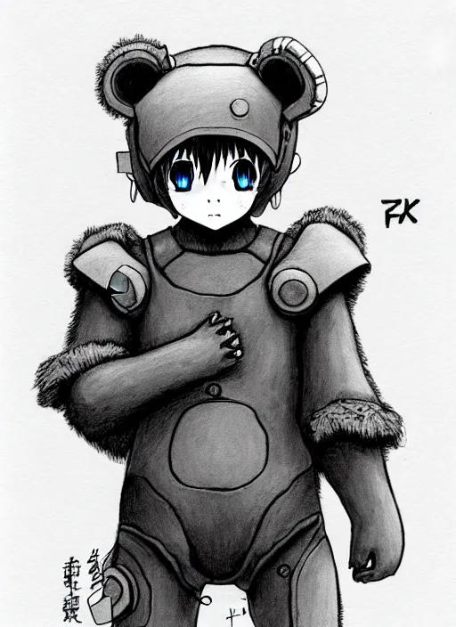 Image similar to beautiful little boy wearing an cyborg bear suit, artwork in kentaro miura and made in abyss and rosdraws, smooth, beautiful lightness, anatomically correct, trending on pixiv, forest