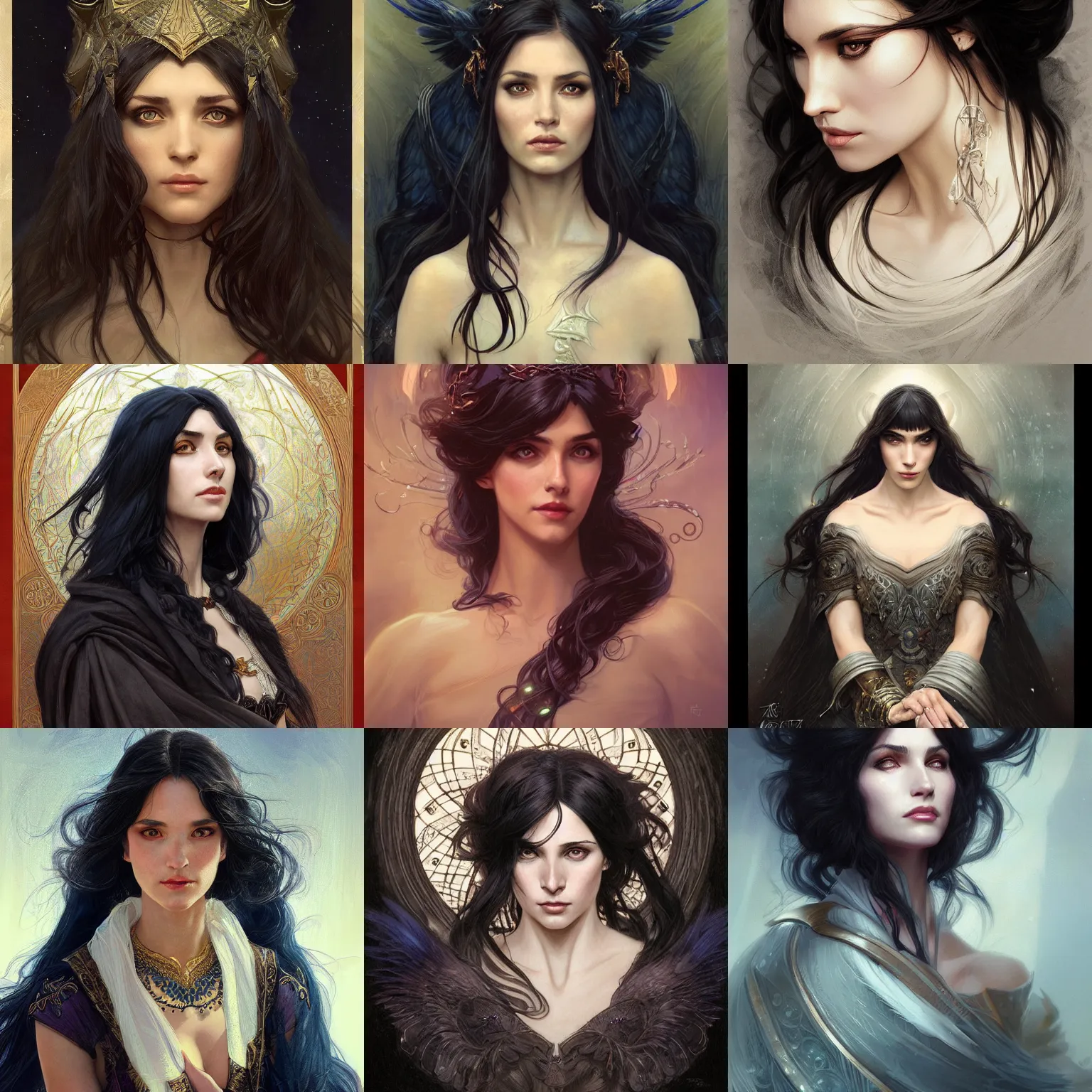 Image similar to portrait of a raven-haired female sorceress, elegant, intricate, headshot, D&D, fantasy, highly detailed, digital painting, artstation, concept art, sharp focus, illustration, art by artgerm and greg rutkowski and alphonse mucha