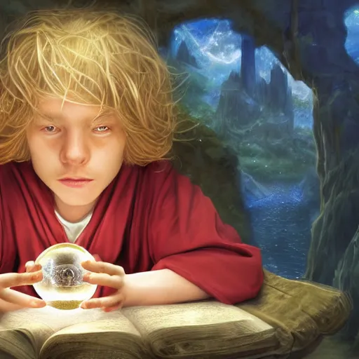 Image similar to Portrait of a 12 year old white boy with blond medium length hair, sitting cross-legged, wearing red sorcerer's robes, holding a crystal ball in his hands and gazing into it, inside of a cabin, Dungeon's & Dragons, digital illustration, deviantart, matte fantasy painting, by Jason Felix by Steve Argyle by Tyler Jacobson by Peter Mohrbacher