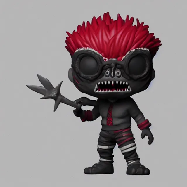 Image similar to noi from dorohedoro as a funko pop figure, grey background, studio lighting, octane render, detailed, smooth