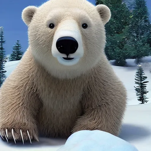 Image similar to pixar still, polar bear, cute polar bear,located in the forest