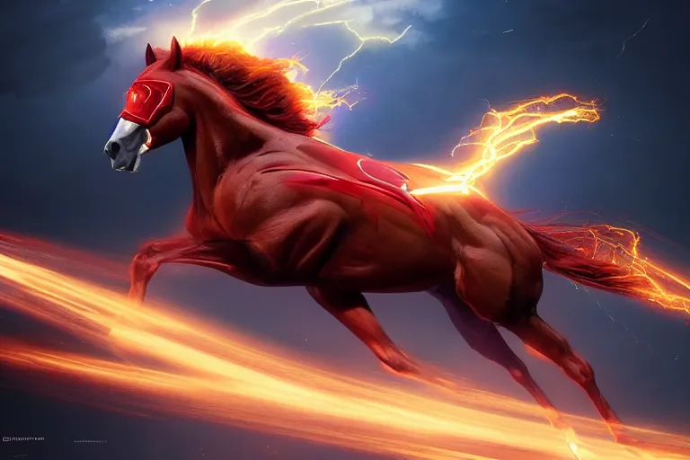 Image similar to a stunning digital painting of a horse as the flash in spandex costume, running in the speedforce by greg rutkowski, volumetric light, digital art, fine detail, photorealistic