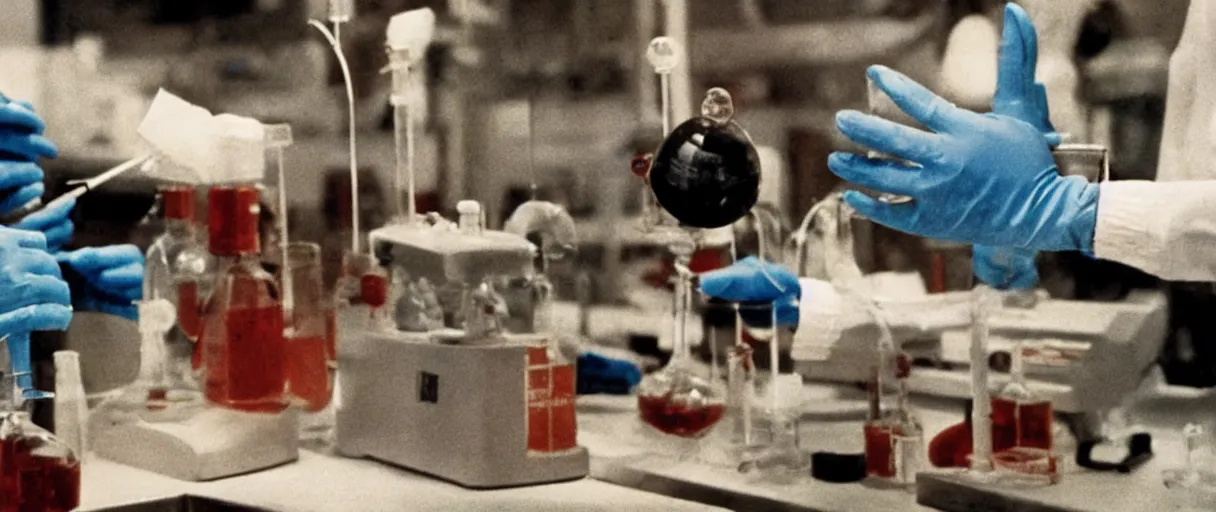 Prompt: a high quality color extreme creepy atmospheric wide dutch angle hd 4 k film 3 5 mm photograph of hand wearing rubber gloves wiping cobwebs off of a piece of lab equipment in 1 9 8 2