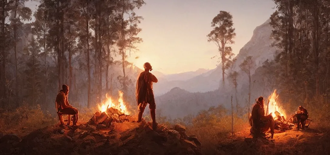 Image similar to indigenous man, hunter, aboriginal, standing, looking at the mountains, back turned, beautiful detailed, campfire, soft light, by greg rutkowski, cgsociety, winter