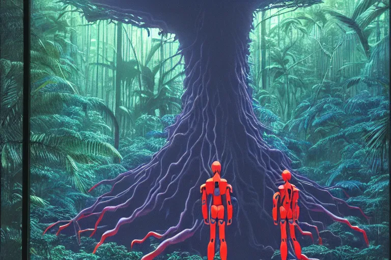Prompt: one gigantic massive evangelion bot is resting close to a giant tree in tropical rainforest, ray lights showing from deep forest darkness, a lot of exotic vegetation, trees, flowers, dull colors. by moebius, ikuto yamashita, craig mullin, greg rutkowski, ghibli, and rodney matthew, hyperrealism, intricate detailed, risograph