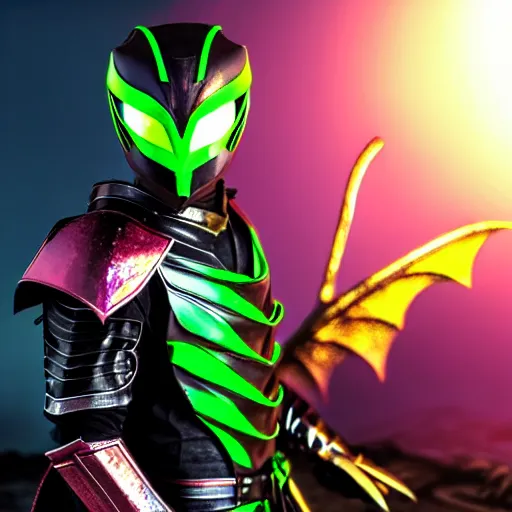 Prompt: High Fantasy Kamen Rider, 4k, vibrant colors, rock quarry location, glowing eyes, fantasy inspired dragon armor, action scene, daytime, rubber suit, pvc armor