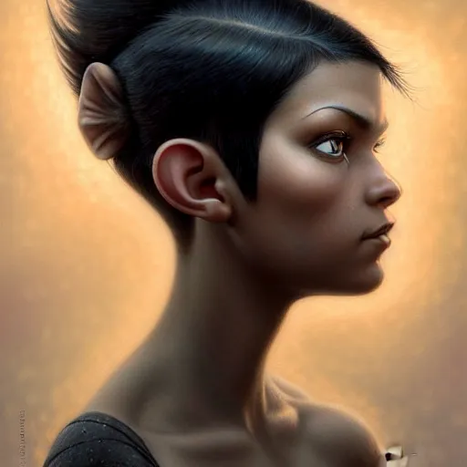 Prompt: portrait of a beautiful cute realistic determined female gnome engineer, black pixie undercut haircut, charming, intense stare, micro detail, intricate, elegant, highly detailed, centered, artstation, sharp focus, illustration, artgerm, tomasz alen kopera, peter mohrbacher, donato giancola, wlop