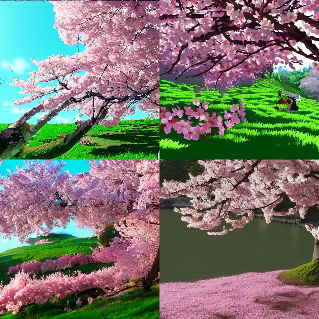 Prompt: cherry blossoms blowing in the wind, in the style of Sprited Away (2001)