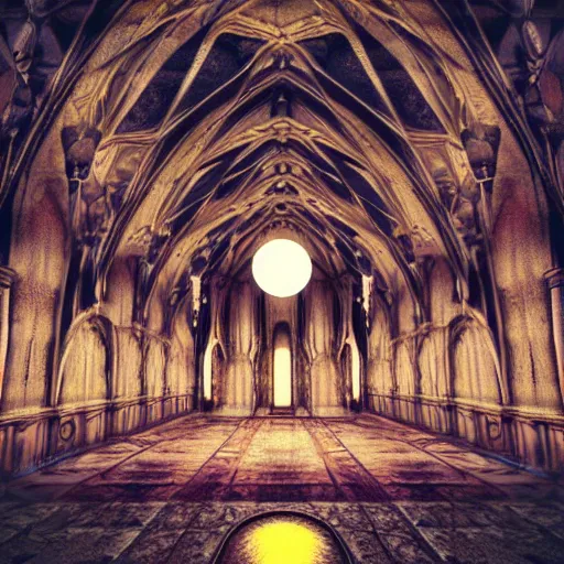 Image similar to large gothic hall with a large moon on the ceiling, cyberspace, soft light, art station, detailed, colorful, symmetrical