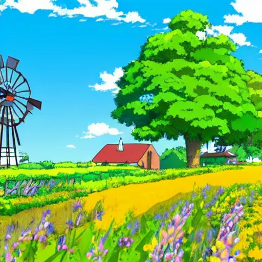 Image similar to beautiful countryside background with a windmill by studio ghibli, 4k, cute, colourful, summer