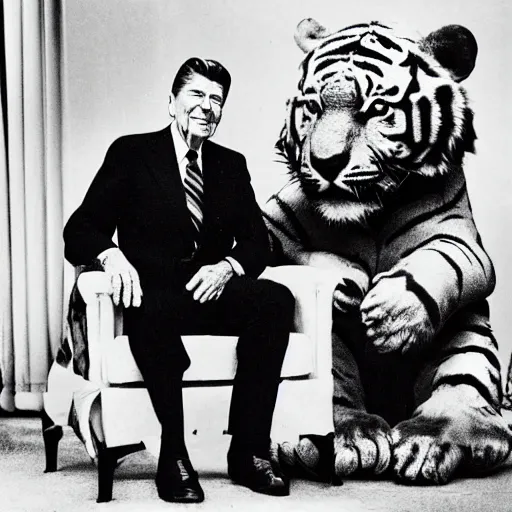 Prompt: [ ronald reagan sitting in chair with a tiger lying at his feet ]