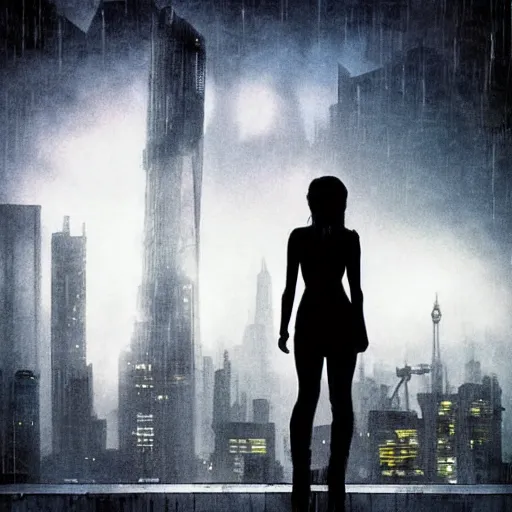 Prompt: “ girl standing on a roof looking down at a foggy futuristic new york city below, ghostpunk, blade runner, cyberpunk, storm clouds, very detailed, by mike deodato ”