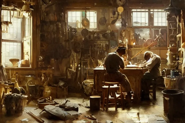 Image similar to oil painting of craftsman buidling a piece of furniture in their workshop, art by anders zorn, wonderful masterpiece by greg rutkowski, beautiful cinematic light, american romanticism by greg manchess, jessica rossier and norman rockwell