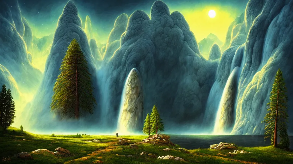 Prompt: gediminas pranckevicius an landscape view, epic insane godray dawn sky, galaxies and star in the sky, immense waterfall, giant sequoia, massive mountains, epic composition, 4 k, detailed, realistic