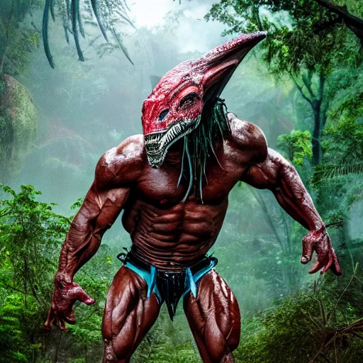 Image similar to a yautja predator in the jungle 4 k, high resolution, still, landscape, hd, dslr, hyper realistic, body builder, mr universe