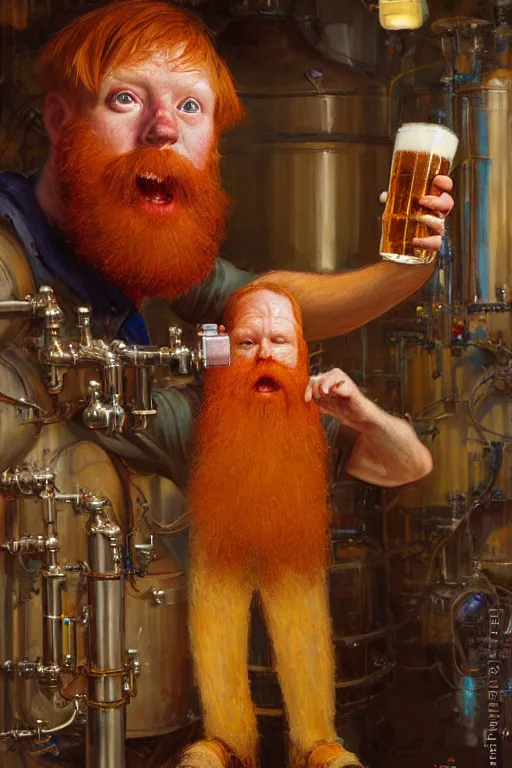 Prompt: full - body portrait of bearded ginger man wearing scientist costume taking photos of beer, by donato giancola, craig mullins, jeremy mann, face details, extremely detailed, bokeh, photorealistic, reflections, digital illustration