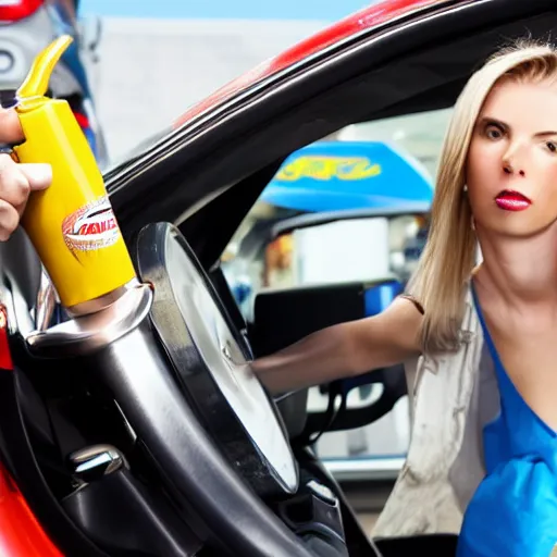 Image similar to petrol station expensive fuel blonde woman nice car cartoon style sunny weather wide shot surprised expression decent clothes valvoline gas