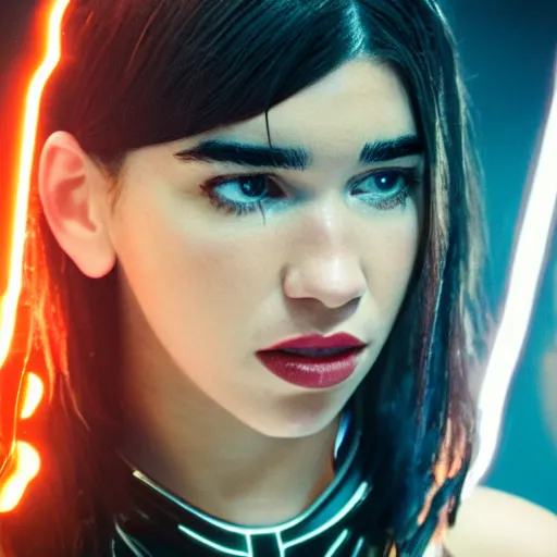 Image similar to movie still of cyborg dua lipa, cinematic composition, cinematic light, criterion collection, by edgar wright