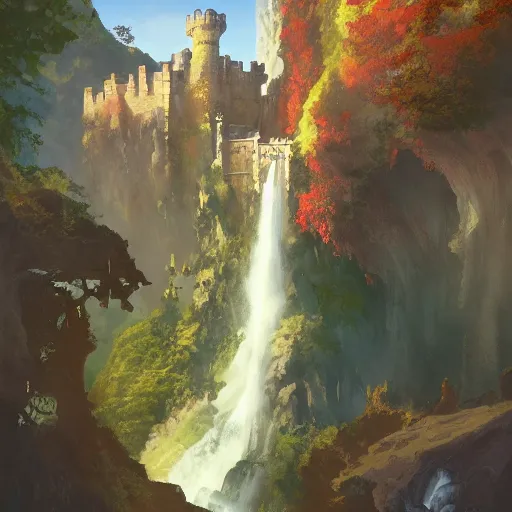 Image similar to A beautiful digital painting of a castle, waterfall, lovely valley by Stanley Artgerm Lau, frank frazetta, Rossdraws, James Jean, gerald brom, Andrei Riabovitchev, Marc Simonetti, and Sakimichan, trending on artstation