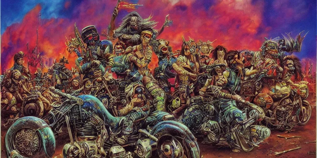 Prompt: psychedelic post apocalyptic orcish biker gang, sharp focus, psychedelic colors, boris vallejo, michael whelan