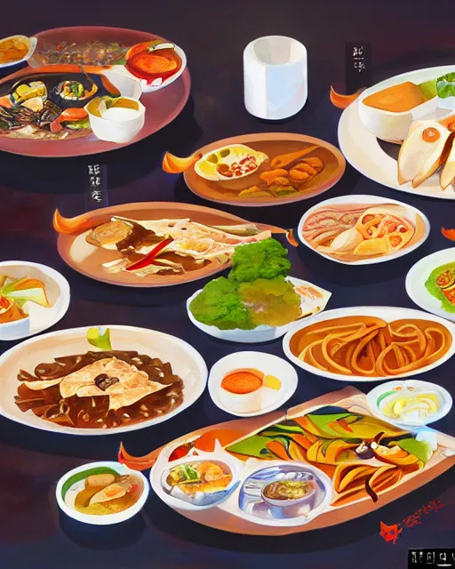 Prompt: a painting of a table full of korean foods, concept art by taro yamamoto, pixiv contest winner, auto - destructive art, official art, concept art, pixiv