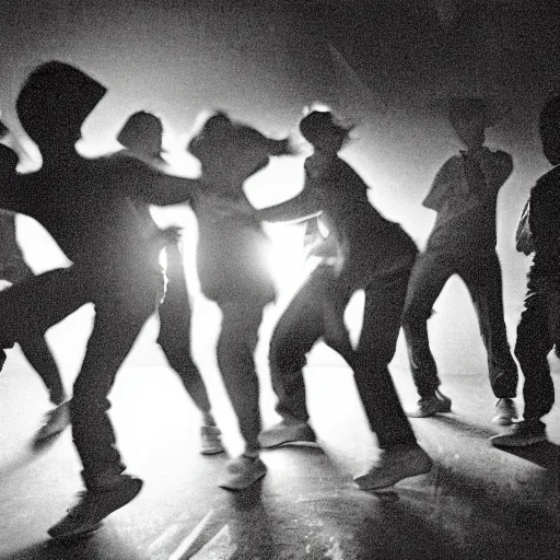 Image similar to photograph of a group of people in baggy outfits and bulky shoes dancing in a dark room, taken from a distance to show showing the whole bodies, smudged grainy blurry gritty, dynamic frenetic, taken with a soviet flash camera at slow shutter speed