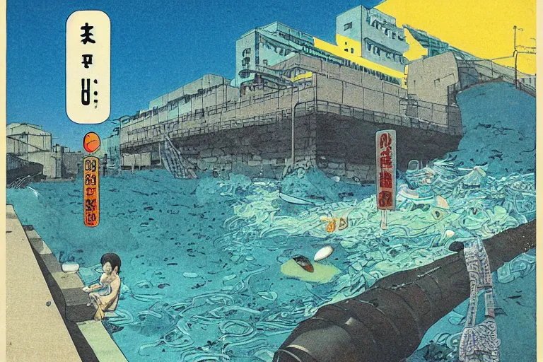 Prompt: 1 9 7 9 omni cover of a sewer pipe near spewing fish and trash near a seawall in tokyo. art in cyberpunk style by dali, and vincent di fate