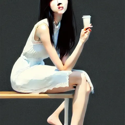 Image similar to a beautiful Korean girl with long dark hair and bangs, wearing a white dress, sitting alone in a cafe, fantasy, intricate, elegant, highly detailed, digital painting, artstation, concept art, matte, sharp focus, illustration, art by Artgerm and Greg Rutkowski and Ilya Kuvshinov