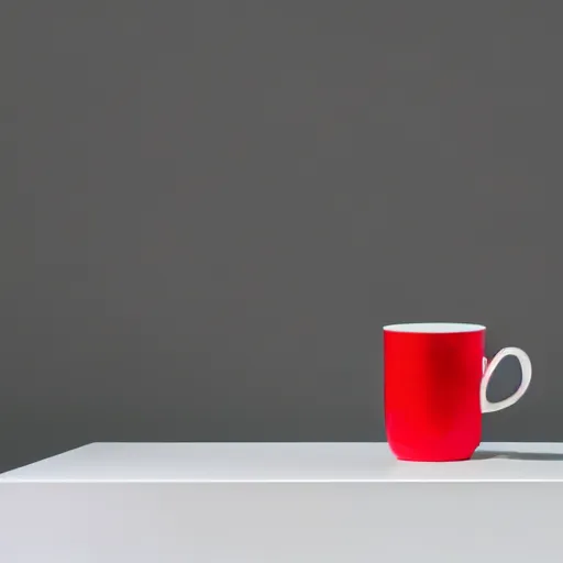 Image similar to an ultra high definition professional studio photograph, 5 0 mm f 1. 4 iso 1 0 0. the photo is set in a plain white room with a plain white plinth centrally located. the photo depicts an object on the plinth. the object is a cup. the cup is red.