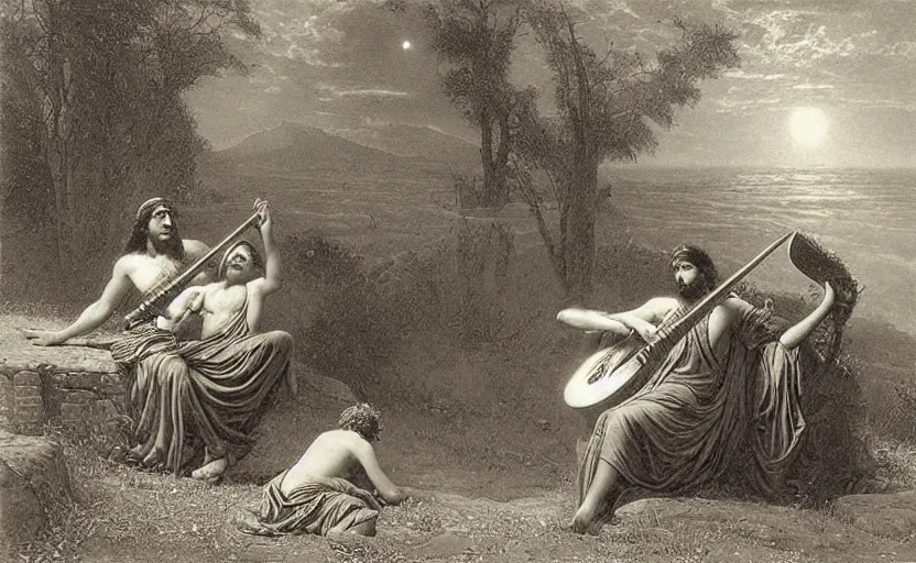 Prompt: the great greek warrior plays the lyre, his young friend listens beside him, the edge of the universe from the book of the long sun by gene wolfe, by gustave dore