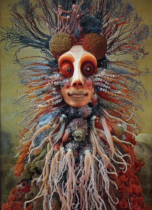 Prompt: a surreal painting of a shaman's face, made of jelly fish, coral reefs, by Giuseppe Arcimboldo, symbolist, soft colors, dramatic lighting, smooth, sharp focus, extremely detailed, aesthetically pleasing composition