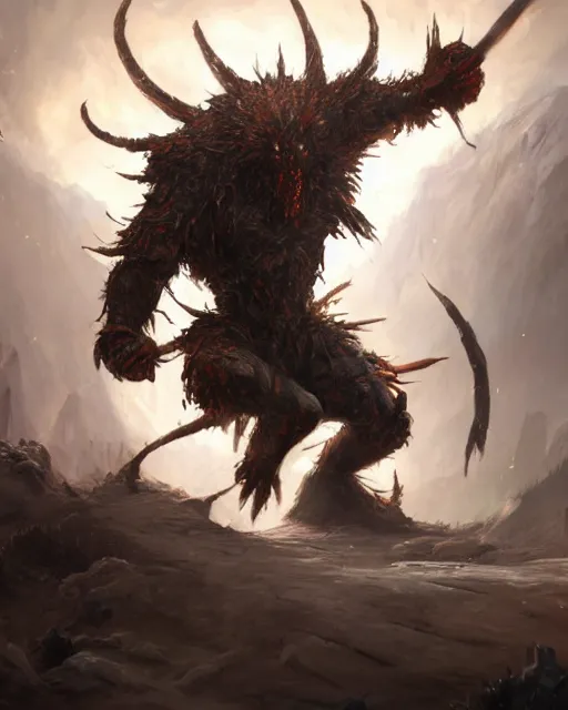 Image similar to oil painting of Angry Anthropomorphized Ant Berserker, wearing fur armor, claws, sharp focus, attack pose, fantasy style, octane render, volumetric lighting, 8k high definition, by greg rutkowski, highly detailed, trending on art Station, magic the gathering artwork, burning Battlefield background, centered