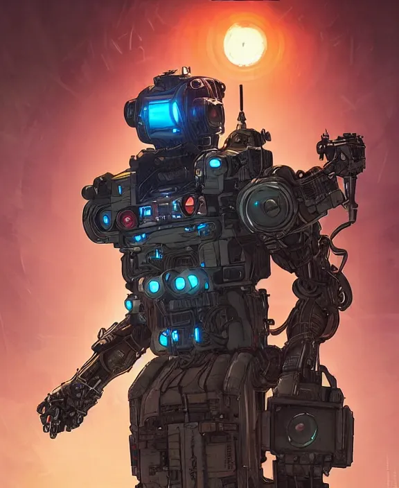 Image similar to cyberpunk pathfinder robot from apex legends character portrait, portrait by james gurney and laurie greasley, concept art, cinematic composition, dramatic lighting, highly detailed, vintage sci - fi