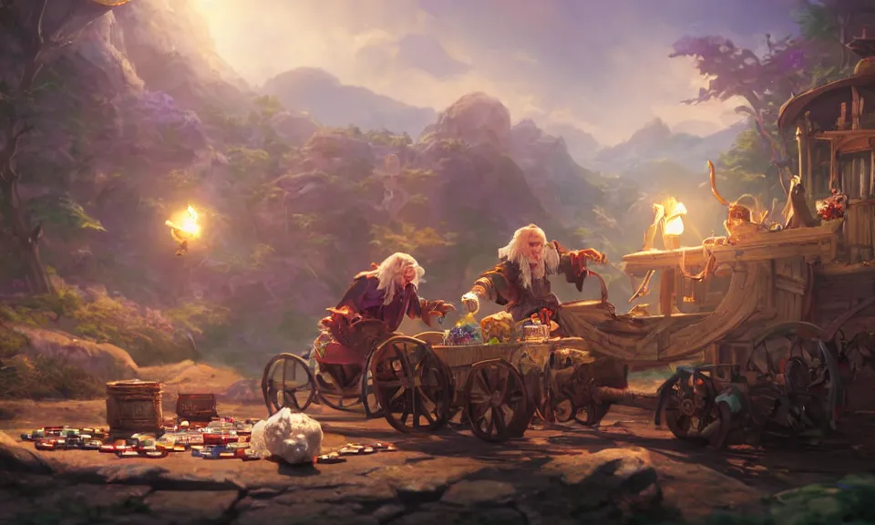 Prompt: a white haired dwarf and a pirate halfling gambling with dice near a creak and wagon, illustration by wlop, highly detailed, colorful, unreal engine, octane render, dramatic lighting, cinematic composition, wide shot