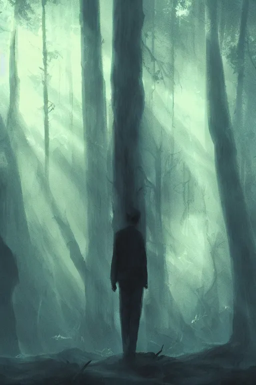 Prompt: concept art painting of a guy with huge white wings standing in a dark forest, moody vibe, moody lighting, sunbeams, artgerm, moebius, inio asano, toon shading, cel shading, calm, tranquil, vaporwave colors,