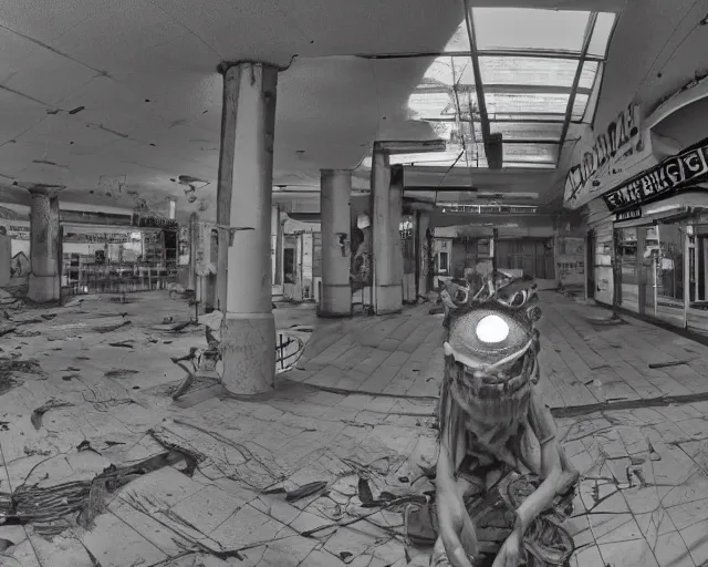 Image similar to camera footage of a extremely aggressive Giant mutated Octopus with glowing white eyes, Human Features, Teeth, in an abandoned shopping mall, Psychic Mind flayer, Terrifying, Silhouette :7 , high exposure, dark, monochrome, camera, grainy, CCTV, security camera footage, timestamp, zoomed in, Feral, fish-eye lens, Fast, Radiation Mutated, Nightmare Fuel, Wolf, Evil, Bite, Motion Blur, horrifying, lunging at camera :4 bloody dead body, blood on floors, windows and walls :5