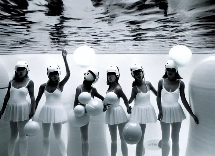 Image similar to realistic photo of a group of common girls in white tights, wearing white spherical helmets, in a big white plastic sci - fi egg - like pool with black water, in a center of the pool with black oil water, the sky is grey 2 0 0 0, life magazine photo,