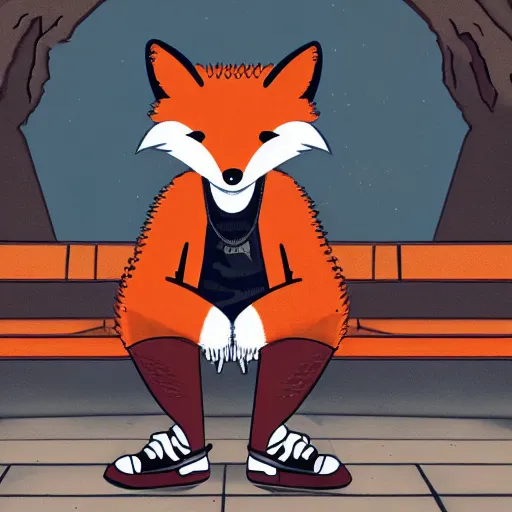 Image similar to a manly anthropomorphic fox wearing streetwear, sitting on a bench in a park, furry art, furaffinity, character design, 4k