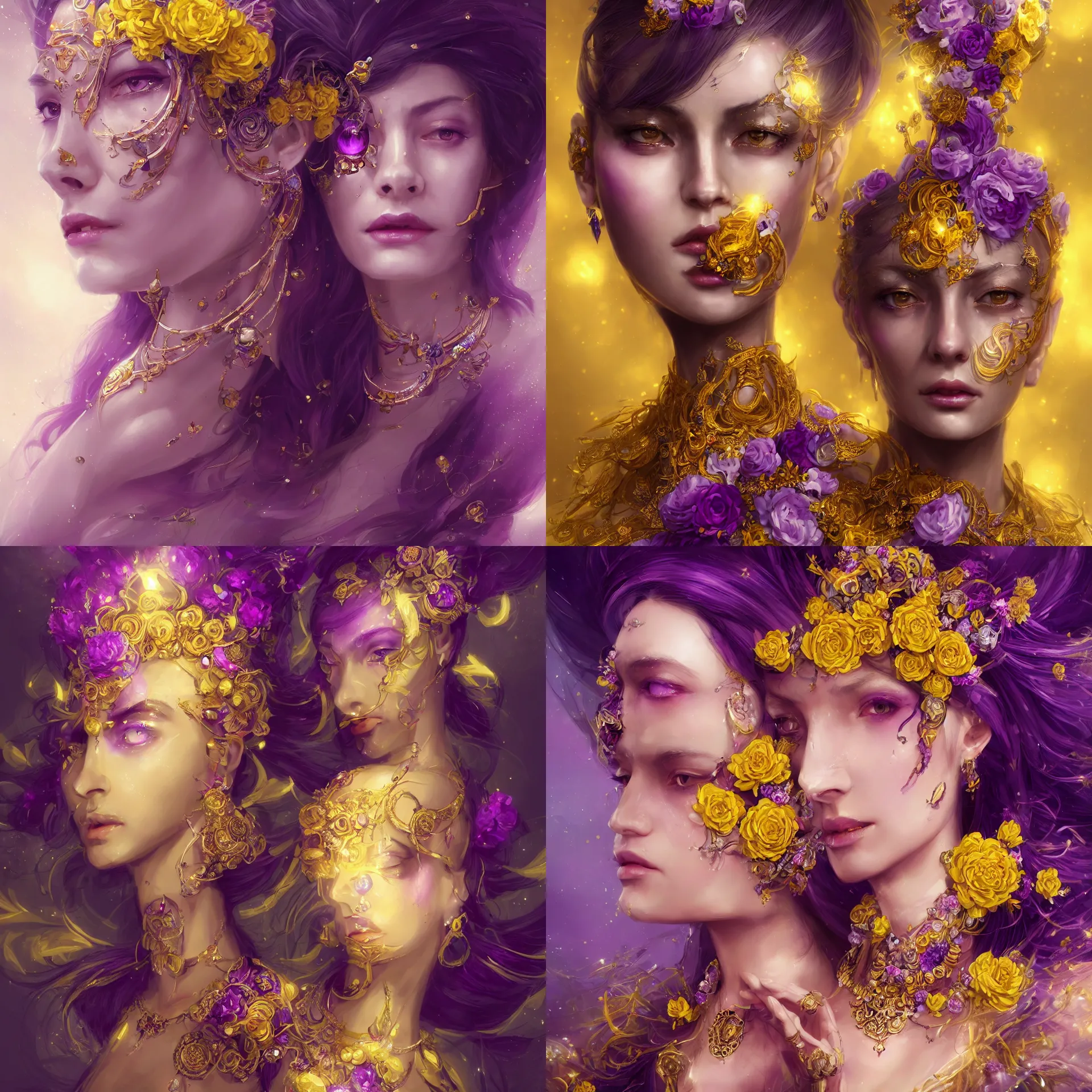 Prompt: realistic beautiful character concept, the empress with lots of jewelry and yellow and purple flowers in the face, elegant pose, scifi, illustration, slender symmetrical face and body, artstation, cinematic lighting, hyperdetailed, 8 k, high resolution, charlie bowater, frans smit, insanely detailed and intricate, elegant, dark fractal background, vfx, art deco, postprocessing