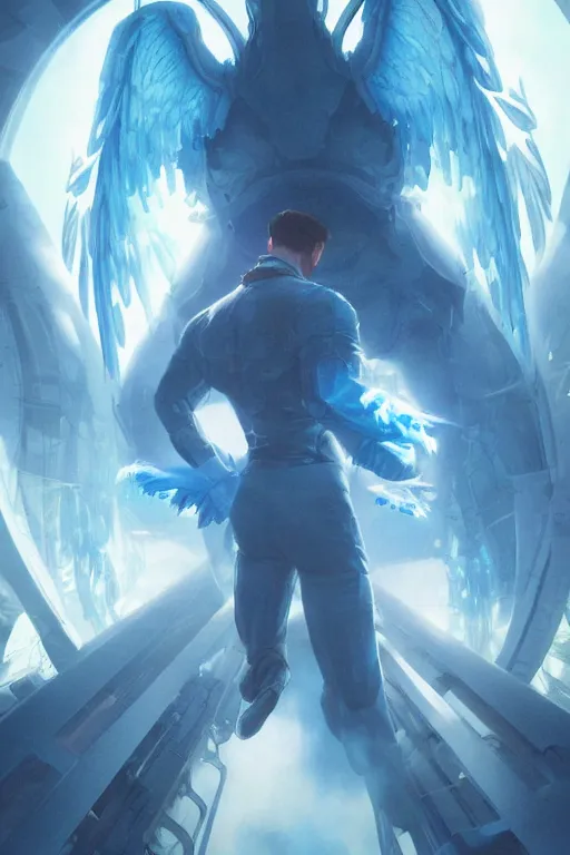 Prompt: a man from behind with a pair of blue vapor energy wings soaring through futuristic paris, 4 k, shimmering color, cinematic light, hyper detailed, art by greg rutkowski and magali villeneuve and artgerm