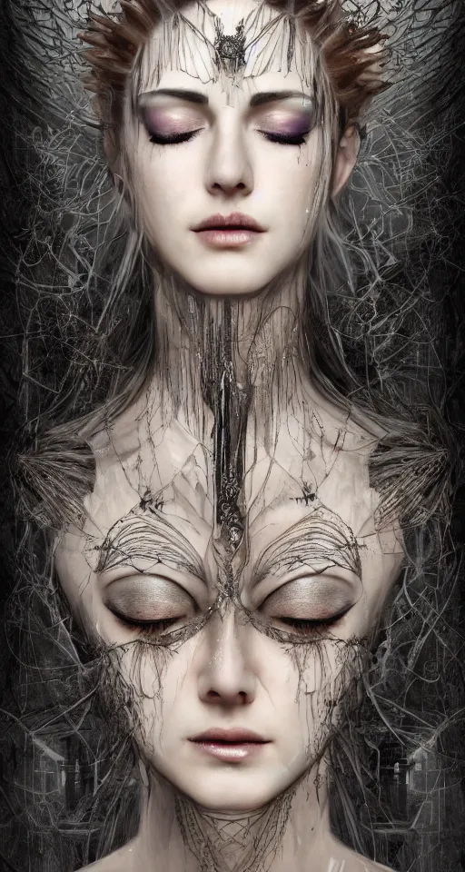 Prompt: a single faced portrait of the enchantress queen with a stunning timeless beauty, breathtaking eyes, perfect skin, feathered eyelashes, royal gothic dress with a lot of leather, heavy silent hill aesthetic, incredibly intricate, digital art, blender, houdini & photoshop, very elegant & complex, hyper-maximalist, overdetailed, epic cinematic quality, biblical art lighting, photorealistic, lifelike, OLED, DSLR HDR 8k, face is the focus, facial feature symmetry, hyper composed, created by Nixeu & z--ed from deviantart