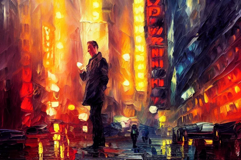 Image similar to expressive detailed impressionistic oil painting of film still of steve buscemi smoking a cigarette in blade runner, 4 k