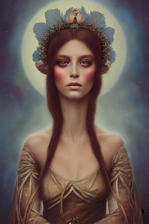 Prompt: portrait of maria lionza, blue eyed native goddess by tom bagshaw