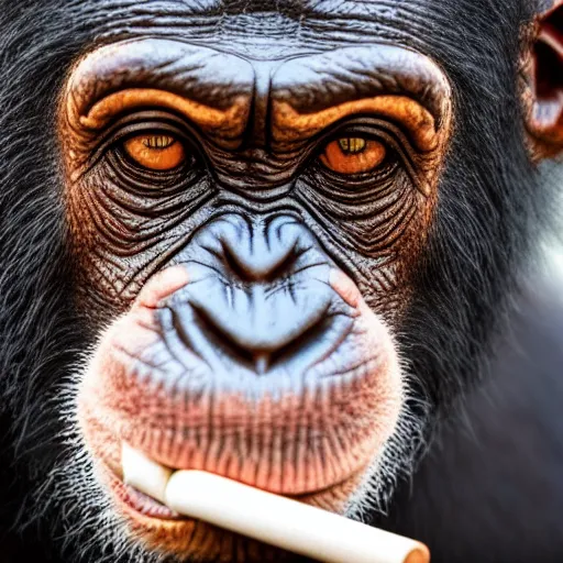 Image similar to a high detail shot of a chimp wearing a suit and smoking