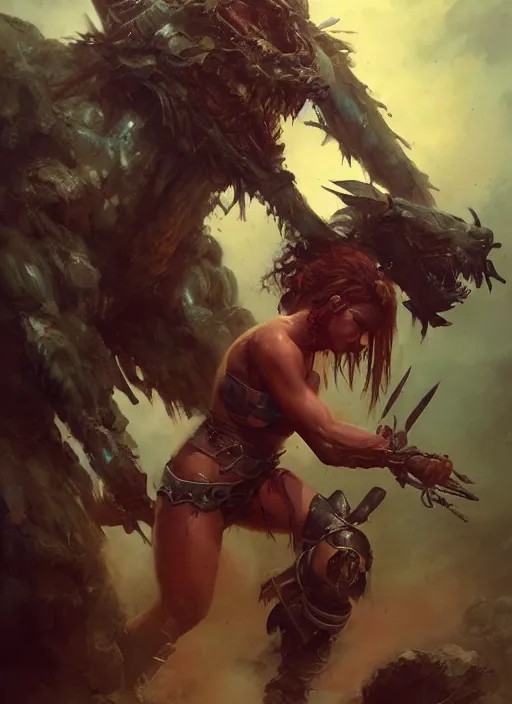 Prompt: hyper realistic photography of prehistoric barbarian cyborg android girl, full body, rule of thirds, conceptart, saturated colors, pretty body, cinematic, vallejo, frazetta, greg rutkowski, royo, rowena morrill, juan gimenez