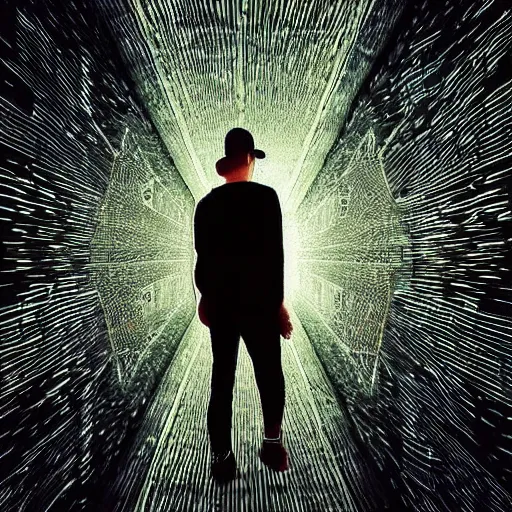 Image similar to “ man walking into a glitch portal, simulated reality, illusion ”