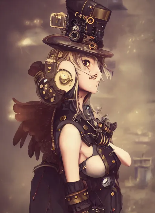 Image similar to steampunk themed anime girl with a steampunk robotic crow on her shoulder, finely detailed, portrait, beautiful, cinematic lighting, made by wlop, artgerm, illustration