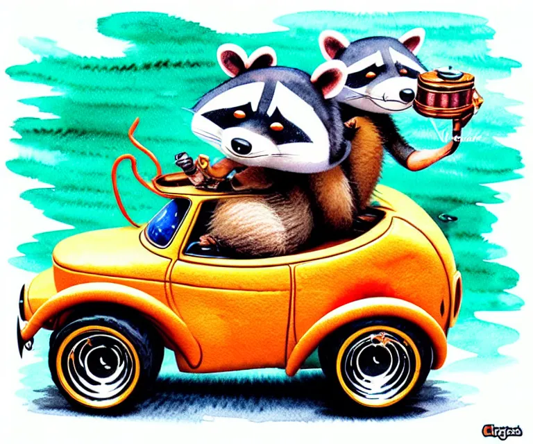 Prompt: cute and funny, cigar smoking racoon riding in a tiny hot rod with oversized engine, ratfink style by ed roth, centered award winning watercolor pen illustration, isometric illustration by chihiro iwasaki, edited by range murata, tiny details by artgerm, symmetrically isometrically centered