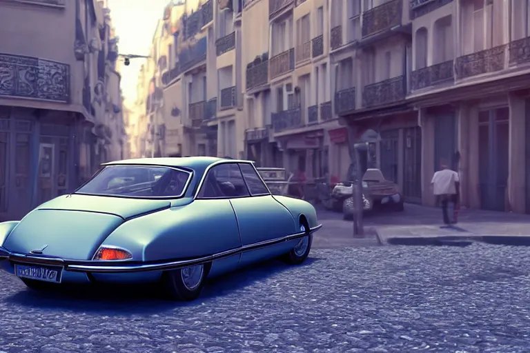 Image similar to a wholesome animation key shot of!! one!! focused!! 1 9 7 4 citroen ds!! in a paris street, medium shot, studio ghibli, ( pixar ) and disney animation, sharp, very detailed, high resolution, rendered in unreal engine 5, anime key art by greg rutkowski, bloom, dramatic lighting